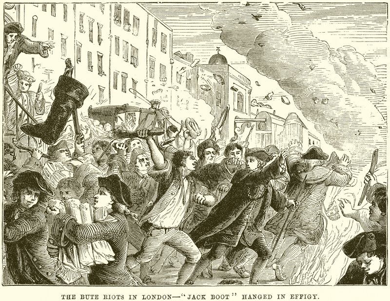 Os motins Bute em Londres - Jack Boot enforcado em Effigy de English School