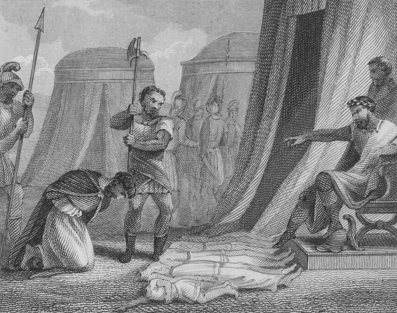 O imperador bizantino Maurício prestes a ser executado pelo usurpador Focas, tendo visto seus cinco filhos mortos na sua frente, 602 de English School