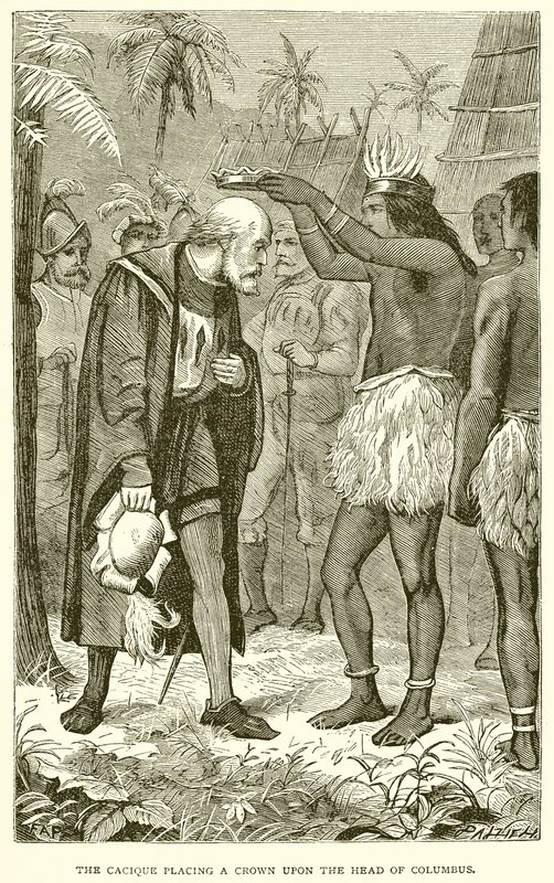 O Cacique colocando uma coroa sobre a cabeça de Colombo de English School