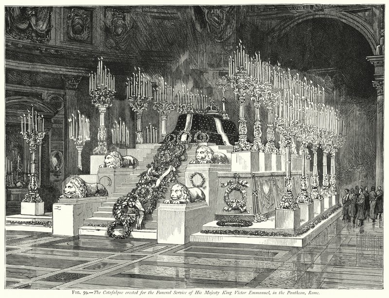 O Catafalque erigido para o Serviço Funerário de Sua Majestade o Rei Victor Emmanuel, no Panteão, em Roma (gravura) de English School
