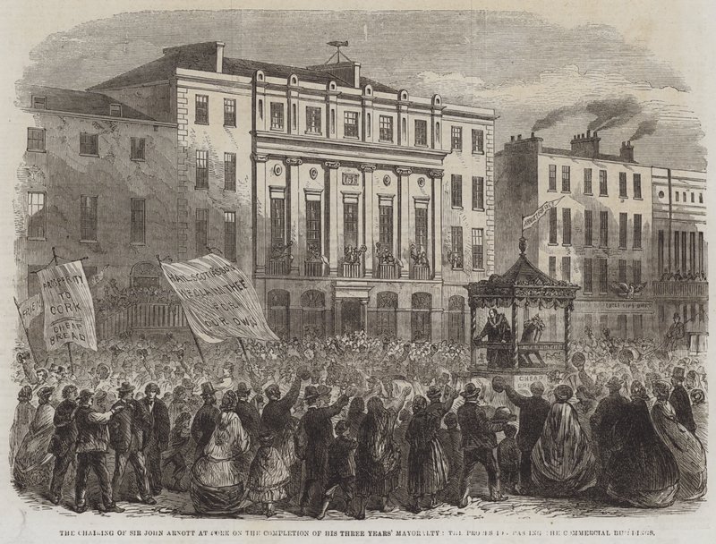 A Presidência de Sir John Arnott em Cork no final dos seus três anos de Mayoralty, a Procissão passando pelos Edifícios Comerciais (gravura) de English School