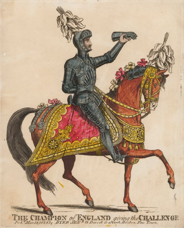 O campeão da Inglaterra dando o desafio (gravura colorida) de English School