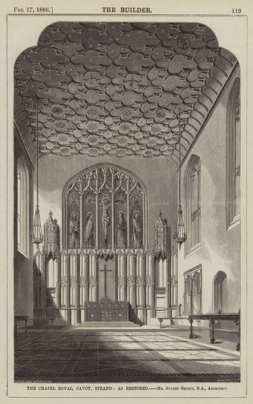The Chapel Royal, Savoy, Strand, como restaurado, Sr. Sydney Smirke, RA, Architect (gravura) de English School