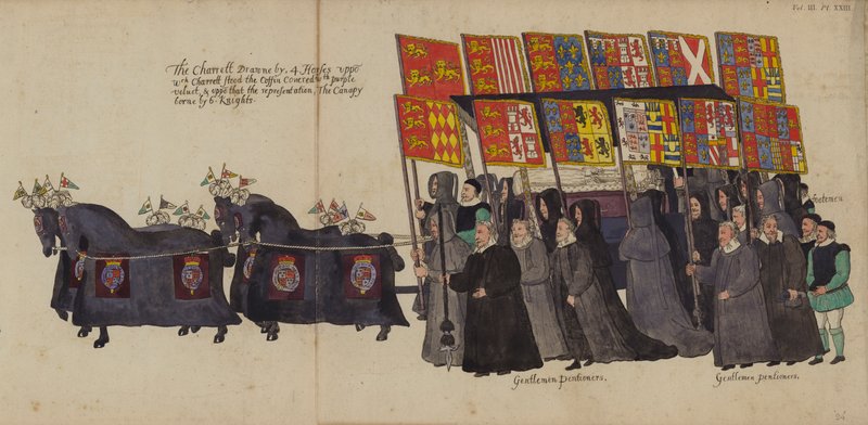 A Carruagem na Procissão Funerária da Rainha Elizabeth I (gravura colorida) de English School