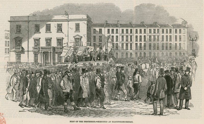 A reunião cartista sobre Kennington Common em 1848, parte da procissão - esboçada na ponte de Blackfriars de English School