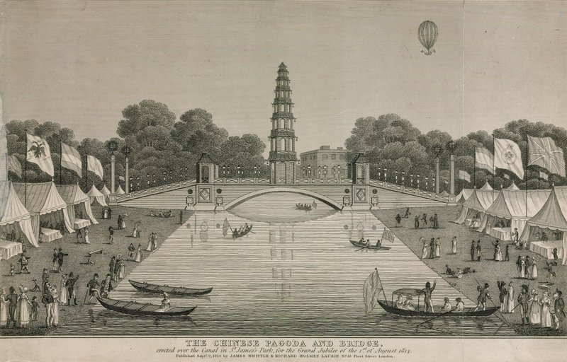 O pagode e a ponte chineses erigidos sobre o canal no St Jamess Park para o Grande Jubileu, 1814 de English School