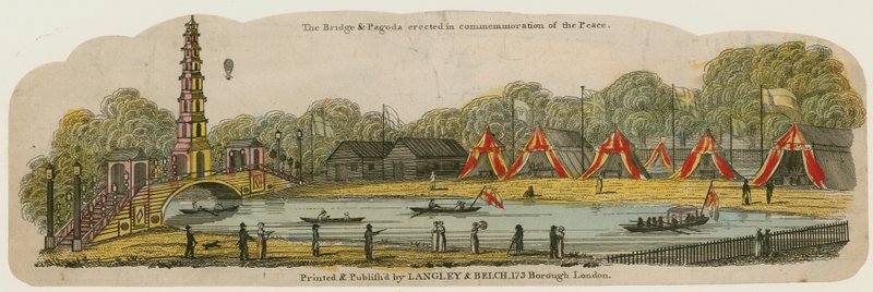 O pagode e a ponte chineses foram erigidos sobre o canal em St Jamess Park para a comemoração da paz, 1º de agosto de 1814 de English School