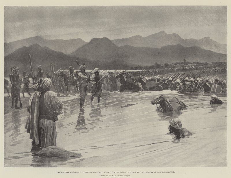 A Expedição Chitral, fording the Swat River, olhando para Norte; Vila de Chatedarra ao Fundo (litho) de English School