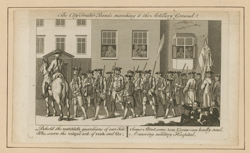 As bandas treinadas da cidade marchando para o chão de artilharia de English School