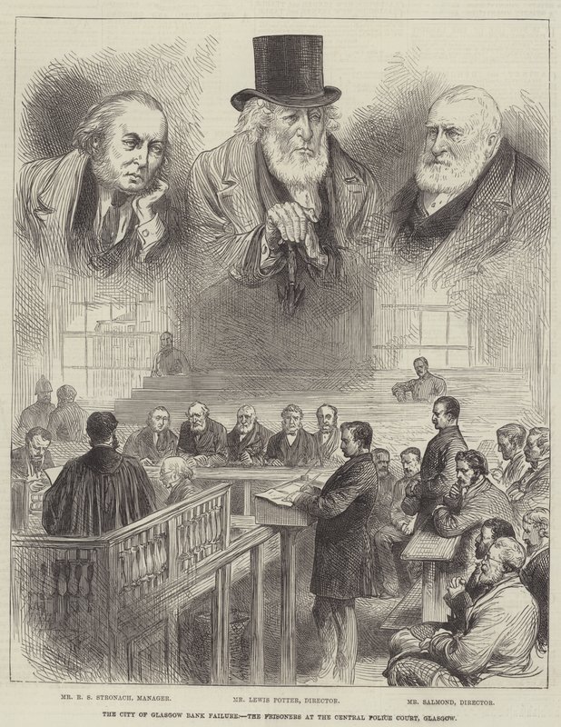 The City of Glasgow Bank Failure, the Prisoners at the Central Police Court, Glasgow (gravura) de English School