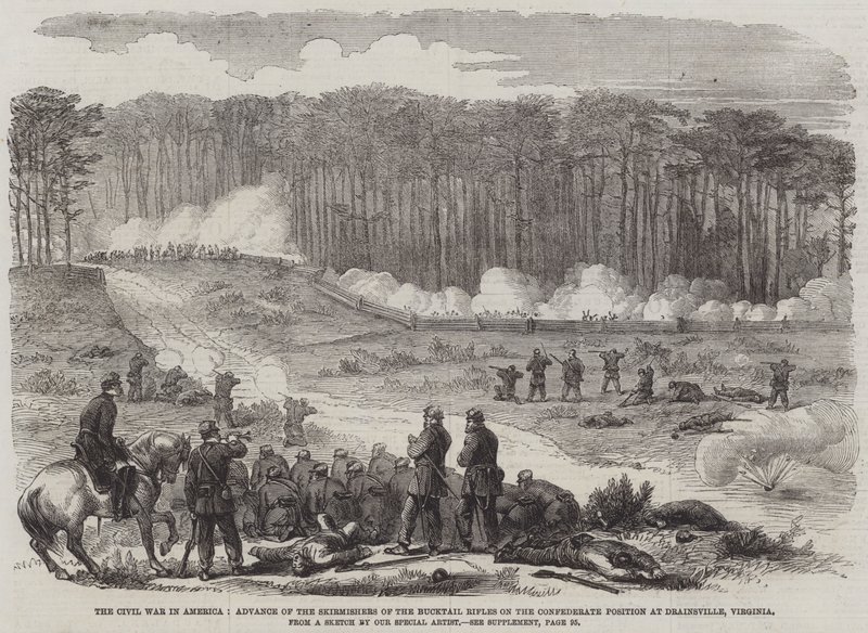 A Guerra Civil na América, Avanço dos Escaramuçadores das Espingardas de Rabo de Corda de Corda na Posição Confederada em Drainsville, Virgínia (gravura) de English School