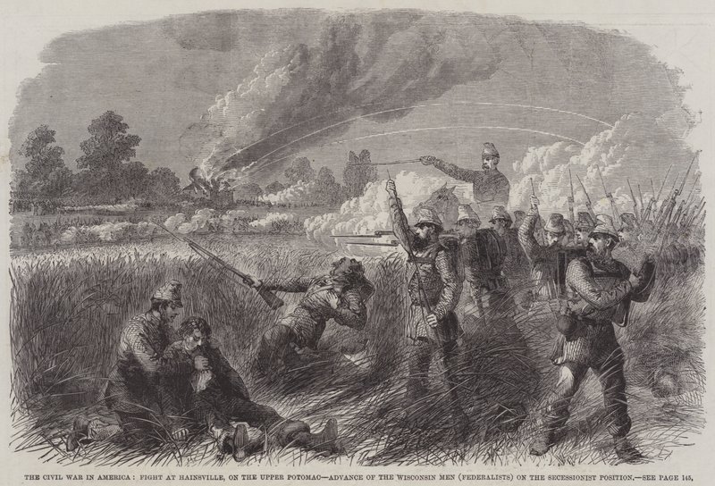 A Guerra Civil na América, Luta em Hainsville, no Upper Potomac, Avanço dos Homens de Wisconsin (Federalistas) na Posição Secessionista (gravura) de English School