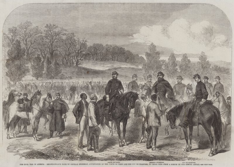 A Guerra Civil na América, Reconhecimento feito pelo General Stoneman, acompanhado pelo Comte de Paris e o Duc de Chartres, para Cedar Run (gravura) de English School