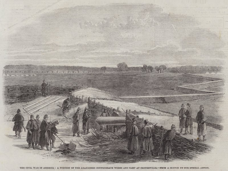 A Guerra Civil na América, uma Porção das Obras e Acampamentos Confederados Abandonados em Centreville (gravura) de English School