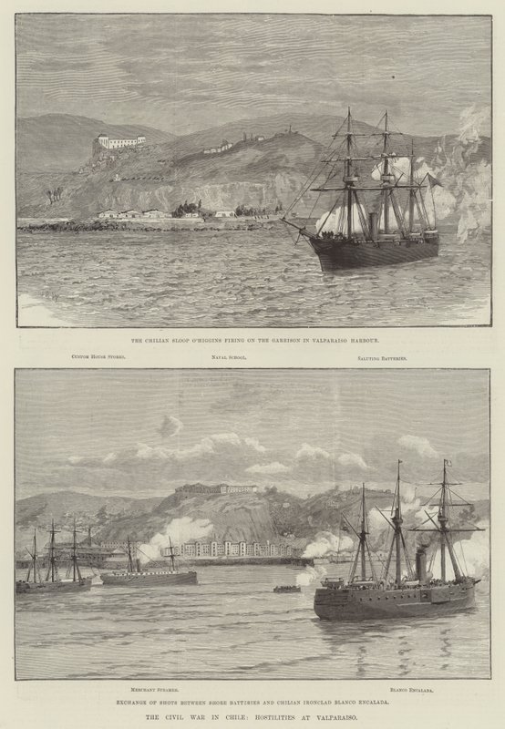 A Guerra Civil no Chile, Hostilidades em Valparaiso (gravura) de English School