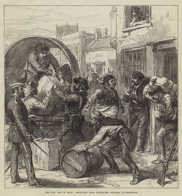 A Guerra Civil em Espanha, Insurgentes de Carthagena forrageando em Torrevieja (gravura) de English School