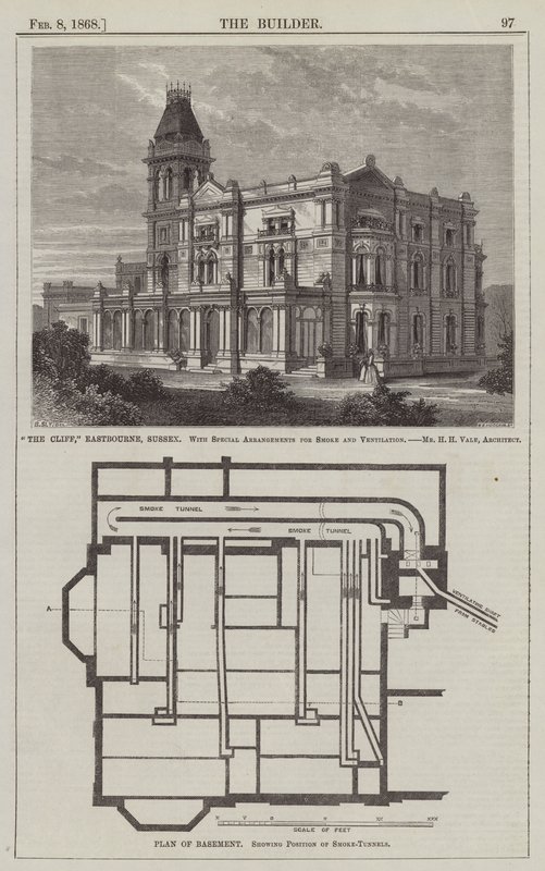 "The Cliff", Eastbourne, Sussex, com Arranjos Especiais para Fumo e Ventilação, Sr. H H H Vale, Arquitecto (gravura) de English School