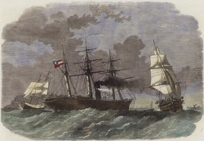 O Sumter-de-guerra confederado capturando dois mercadores federais em Gibraltar de English School
