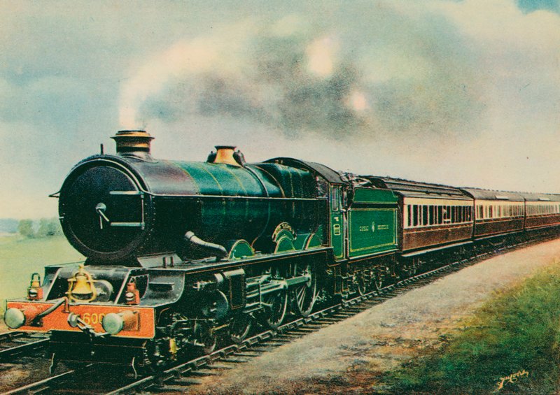O "Cornish Riviera Express", transportado pelo "King George V", Great Western Railway (lito colorido) de English School