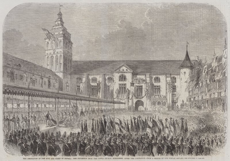 A Coroação do Rei e Rainha da Prússia, a Procissão da Igreja do Castelo, Konigsberg, após a Coroação (gravura) de English School