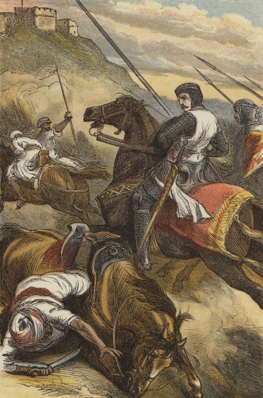 O Conde de Joinville repelindo os sarracenos, em Mansourah (gravura colorida) de English School