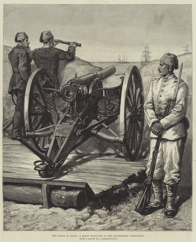 A crise no Egito, uma arma de campo Krupp na Earthworks, Alexandria de English School