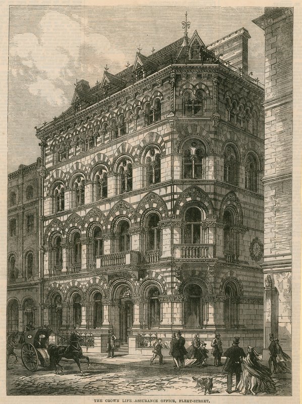 O Crown Life Assurance Office, na Fleet Street, em Londres de English School
