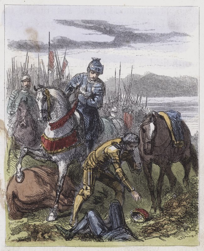 A Coroa de Ricardo III, encontrada no Campo Bosworth (gravura colorida) de English School