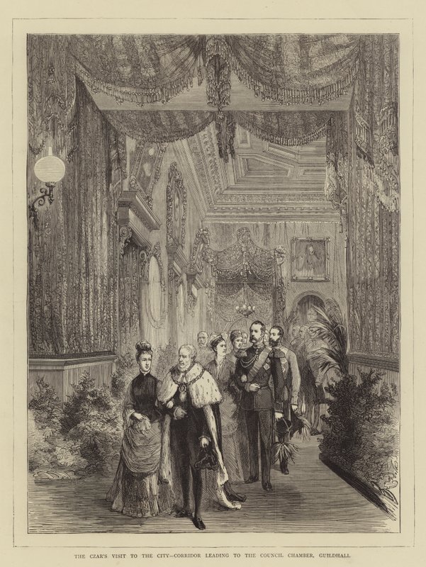 A Visita do Czar à Cidade, Corredor que conduz à Câmara Municipal, Guildhall (gravura) de English School