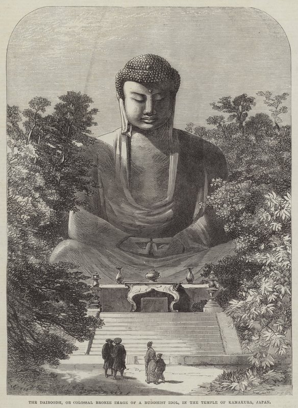 O Daiboodh, ou Imagem de Bronze Colossal de um Ídolo Budista, no Templo de Kamakura, Japão (gravura) de English School