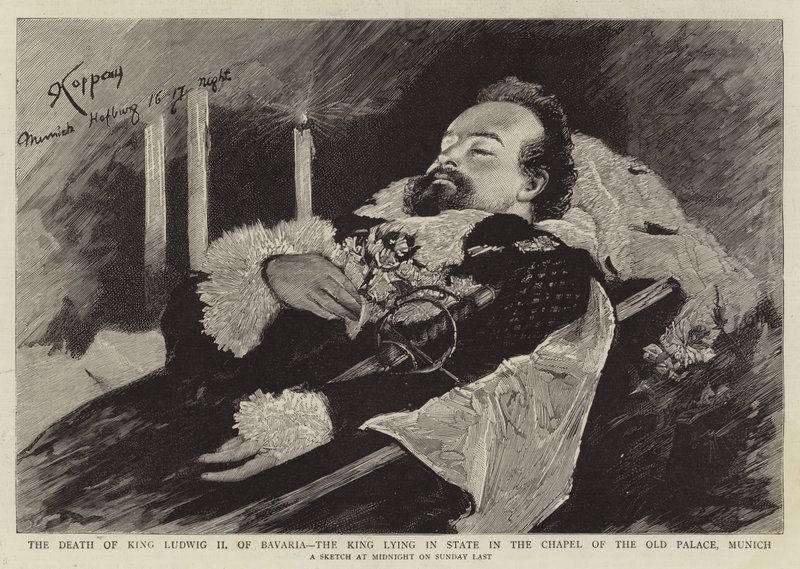 A Morte do Rei Ludwig II da Baviera, o Rei deitado em estado na Capela do Palácio Velho, Munique (gravura) de English School