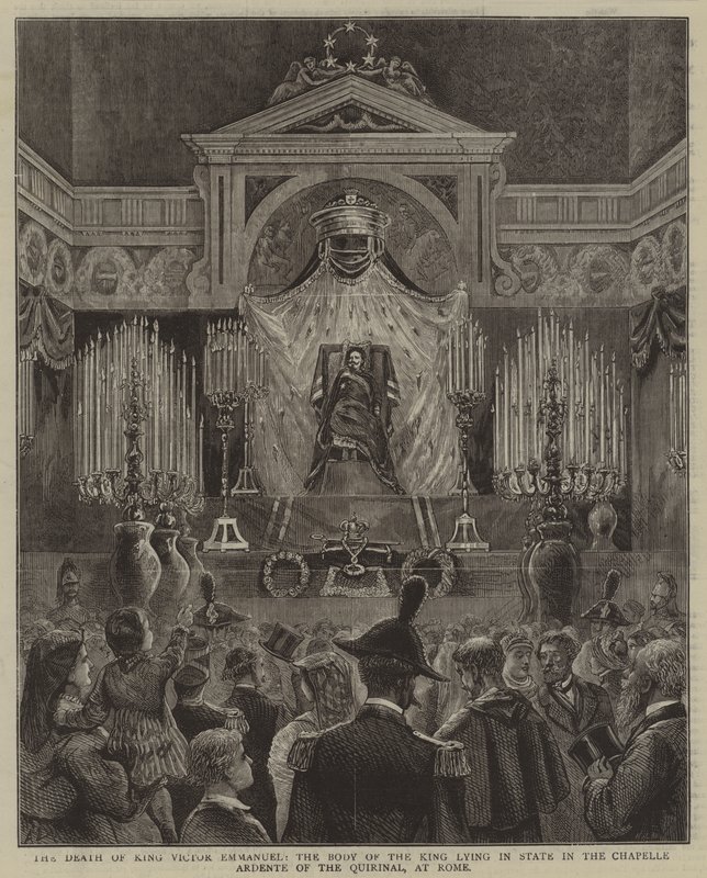 A morte do rei Victor Emmanuel, o corpo do rei em estado na Chapelle Ardente do Quirinal, em Roma de English School