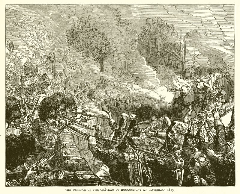 A defesa do castelo de Hougoumont em Waterloo, 1815 de English School