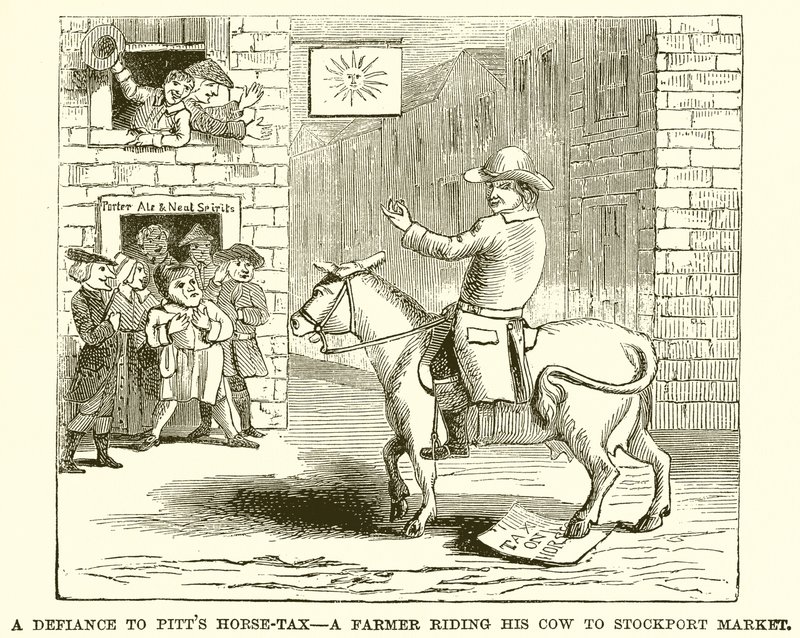 O desafio a Pitts Horse-Tax - um fazendeiro que monta sua vaca ao mercado de Stockport de English School