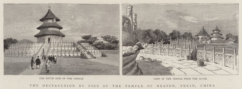 A Destruição pelo Fogo do Templo do Céu, Pequim, China (gravura) de English School