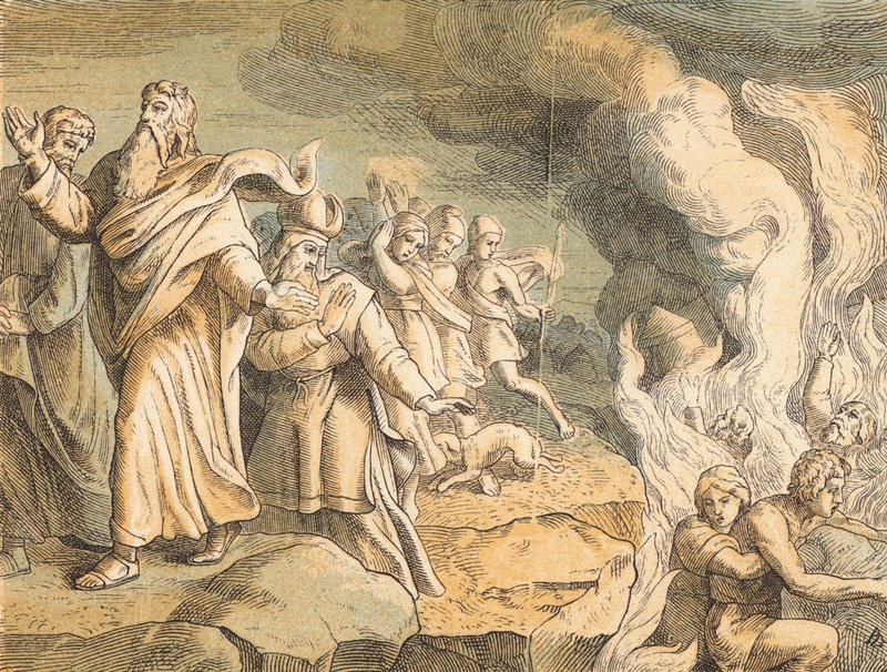 A Destruição de Korah, Nathan e Abiram (gravura colorida) de English School