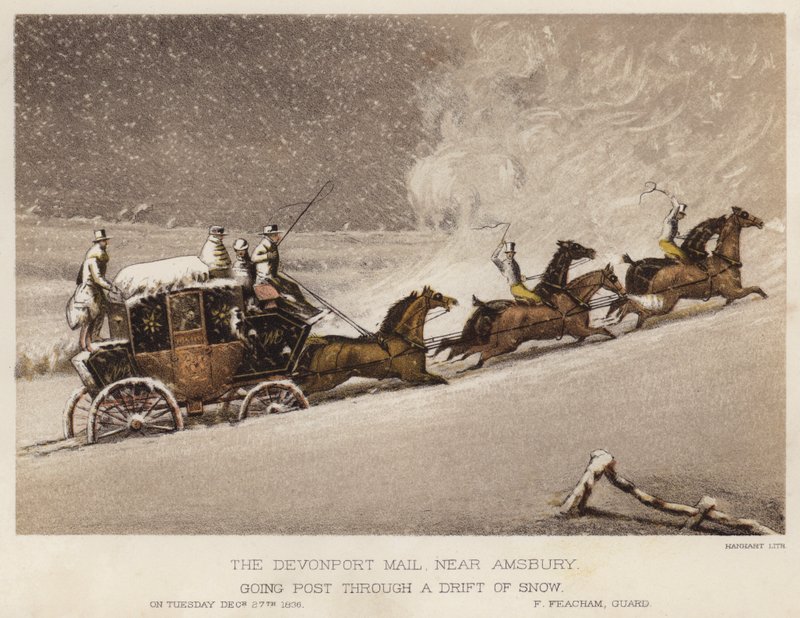 O correio de Devonport, perto de Amsbury, passando por uma deriva de neve (cor litho) de English School