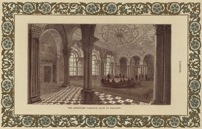 A sala de diretoria no Banco da Inglaterra (gravura colorida) de English School