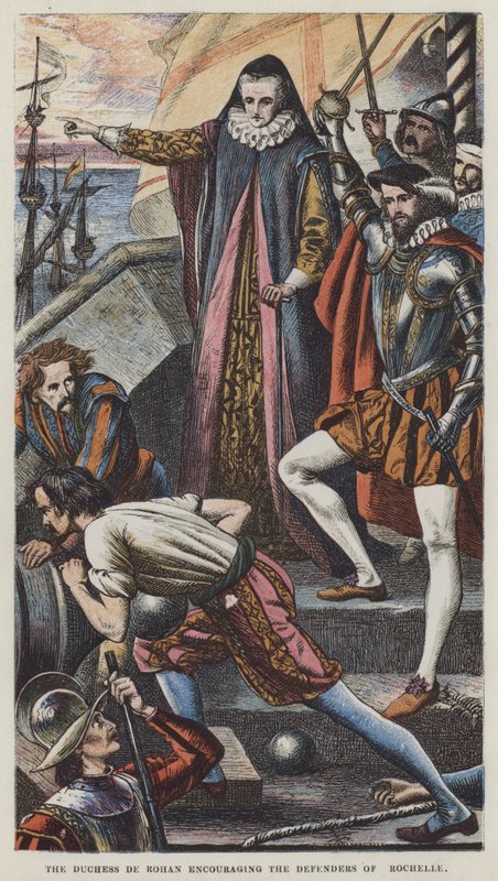 A Duquesa de Rohan encorajando os Defensores de Rochelle (litografia a cores) de English School