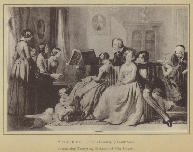 The Duet, de uma Pintura de Frank Stone, apresentando Tennyson, Dickens e Miss Hogarth (litho) de English School