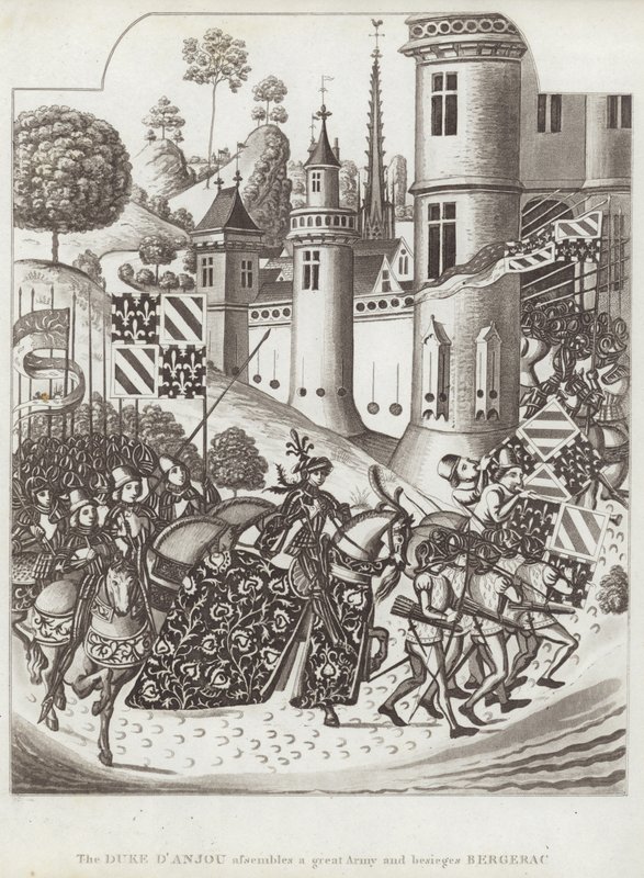 O duque DAnjou monta um Grande Exército e Besieges Bergerac de English School