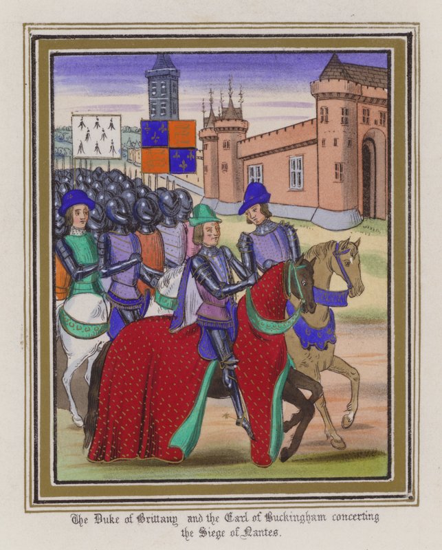 The Duke Of Brittany and The Earl of Buckingham concerting The Siege Of Nantes (gravura colorida) de English School
