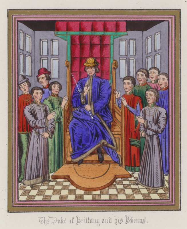 O Duque da Bretanha e seus Barões (gravura colorida) de English School