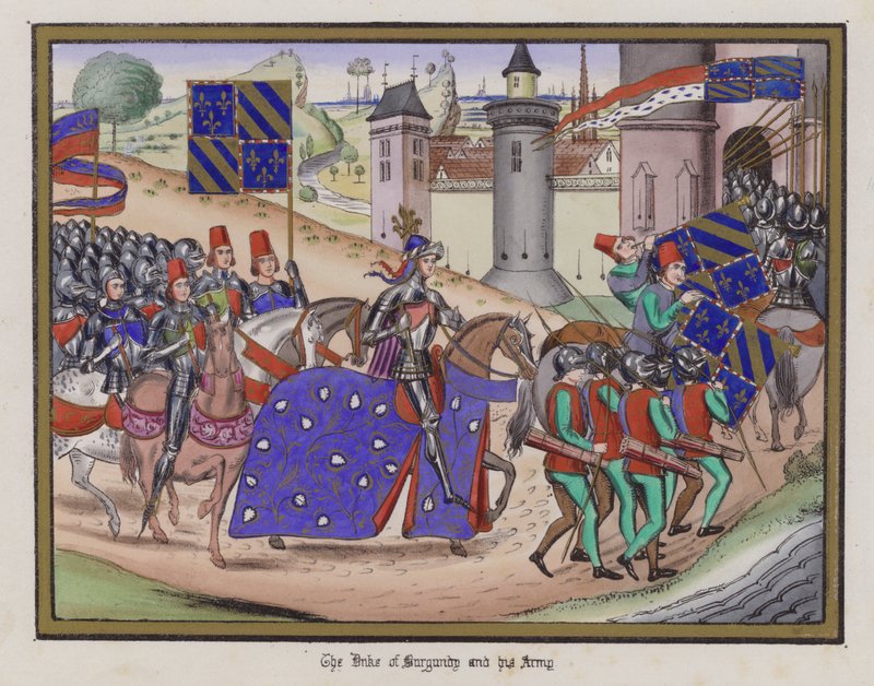 O Duque de Borgonha e seu Exército (gravura colorida) de English School