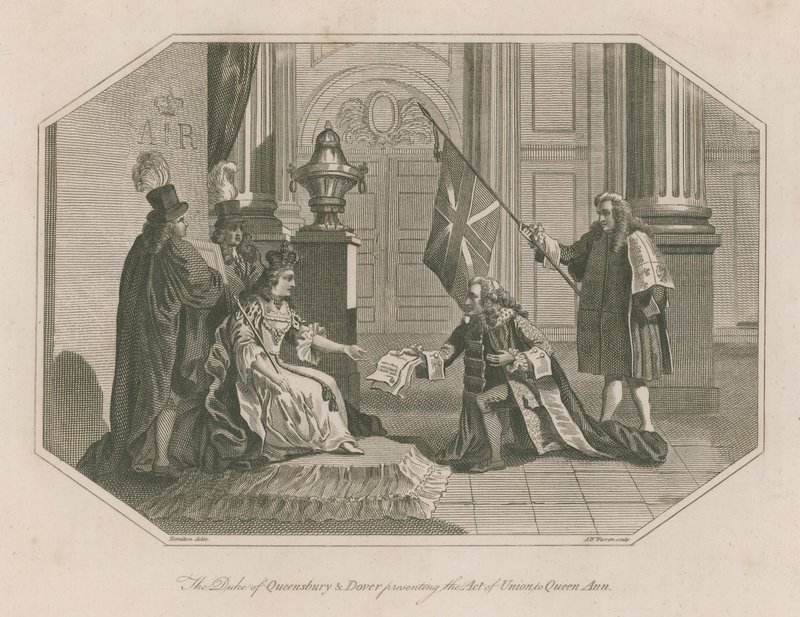 O duque de Queensbury e Dover apresentando o ato de união à rainha Ann de English School
