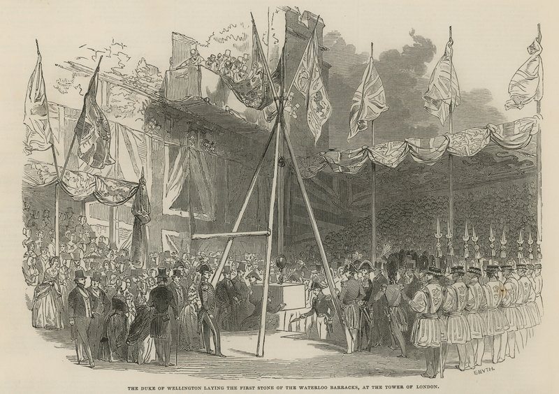 O Duque de Wellington, colocando a primeira pedra do Quartel de Waterloo de English School
