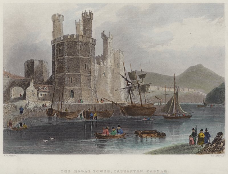 A Torre da Águia, Castelo Carnarvon (gravura colorida) de English School
