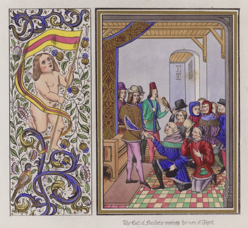O Conde da Flandres recebe os homens de Gante (gravura colorida) de English School
