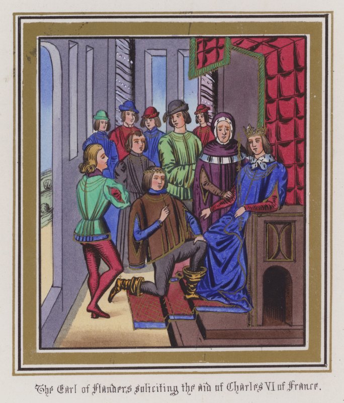 O Conde da Flandres solicitando a ajuda de Carlos VI da França (gravura colorida) de English School