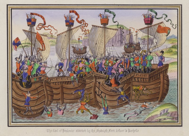 O Conde de Pembroke atacado pela frota espanhola, antes de La Rochelle (gravura colorida) de English School